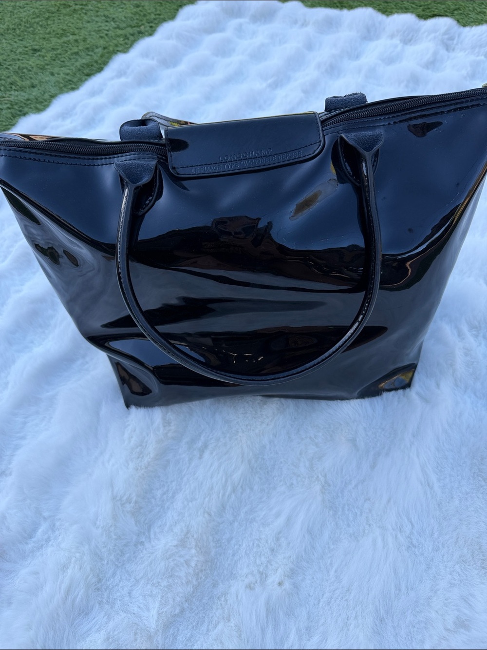 Longchamp Le Pliage Black Patent Leather Large Tote Shoulder Bag - Picture 8 of 16